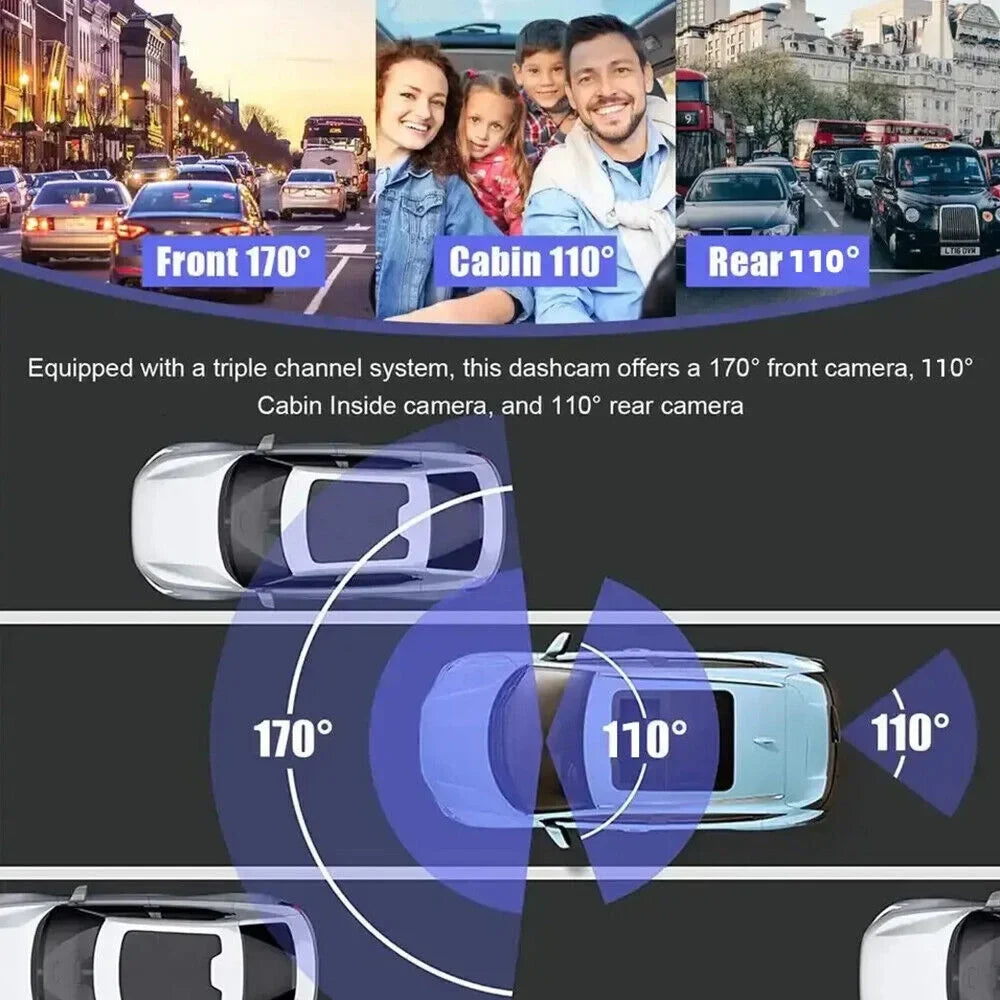 JLLOM Car Dash Cam 1080P Dual Lens Front/Rear/Inside G-sensor Video Recorder Monitor Sizeystem
