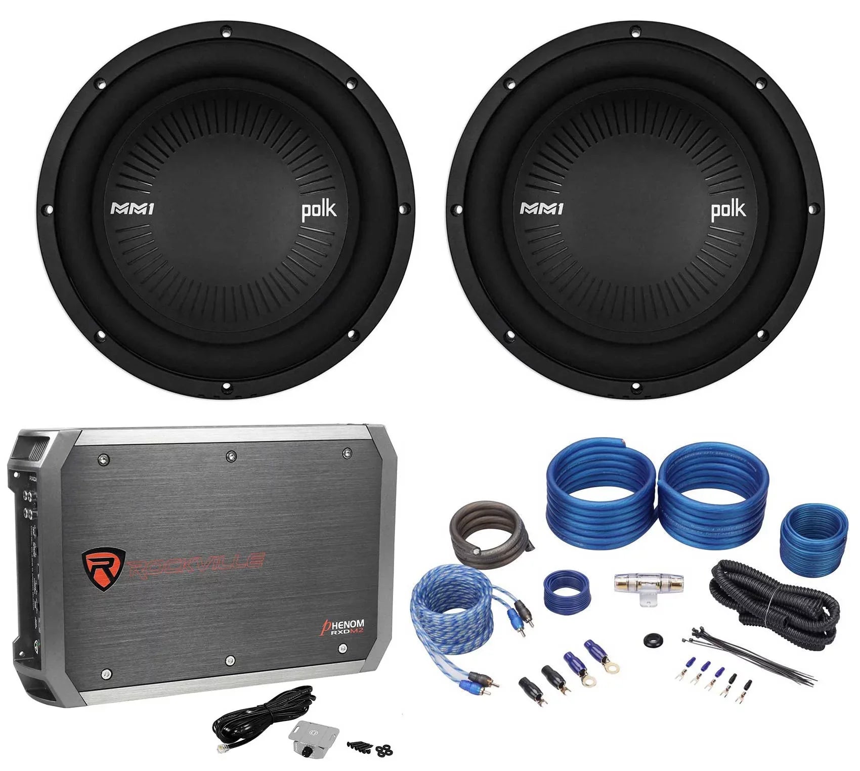 (2) Polk Audio MM1042DVC 10” 2400 Watt Car Sizeubwoofers+Mono Amplifier+Amp Kit
