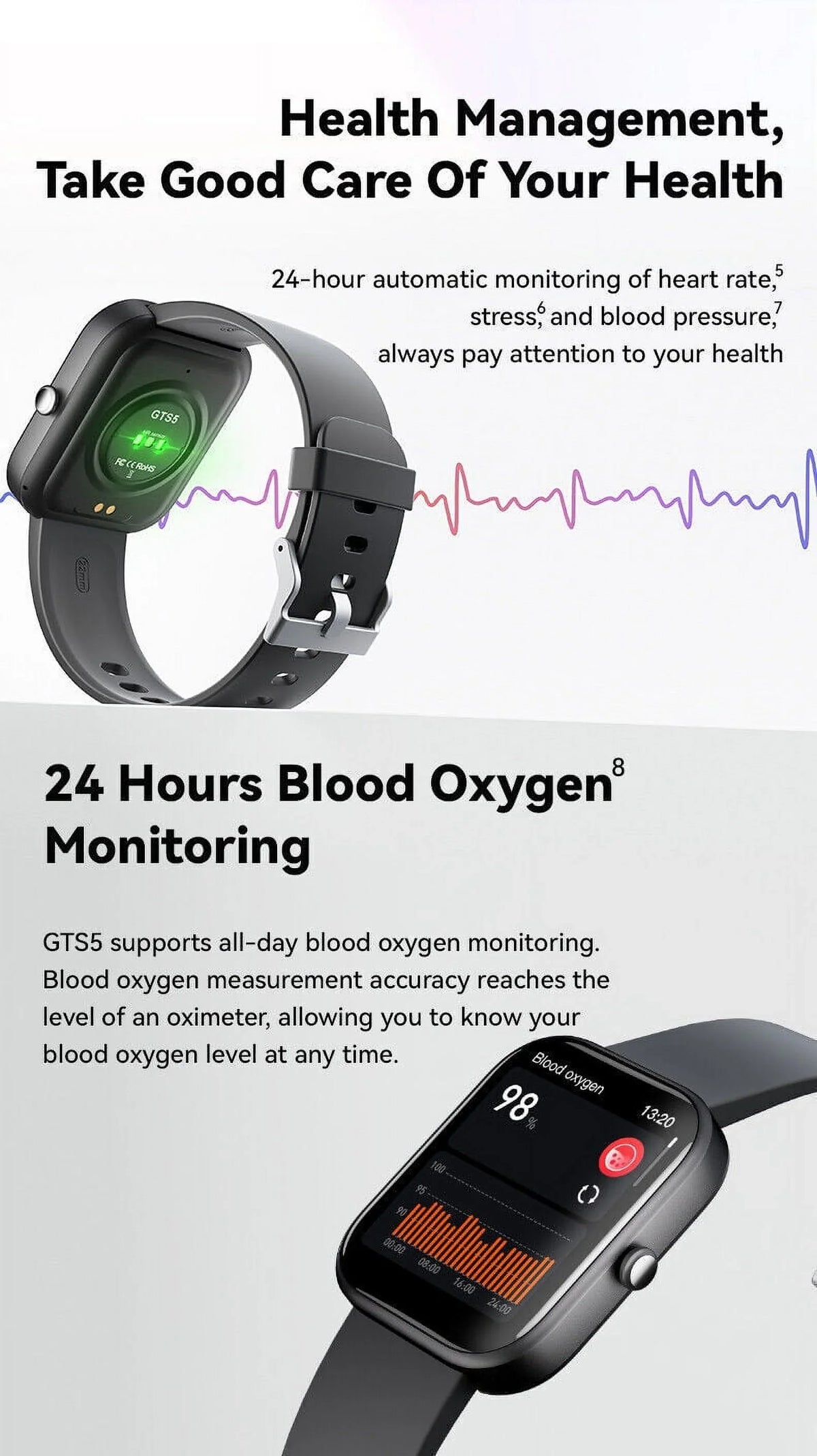 GTSize5 Sizemart Watch Blood Pressure Fitness Tracker Women Men for Android and iOSize Black