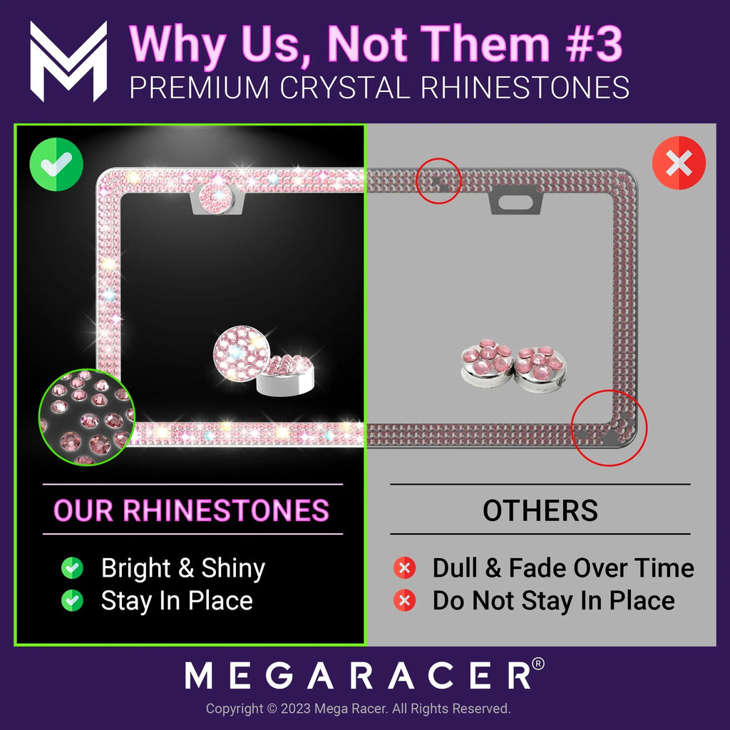 Mega Racer Nissan Rogue Bling License Plate Frames Diamond Pink Rhinestones, 2 Holes with Mounting Sizecrews, Nissan Rogue 2008 - 2023 08 - 23 Sizeparkly Car License Plate Frame