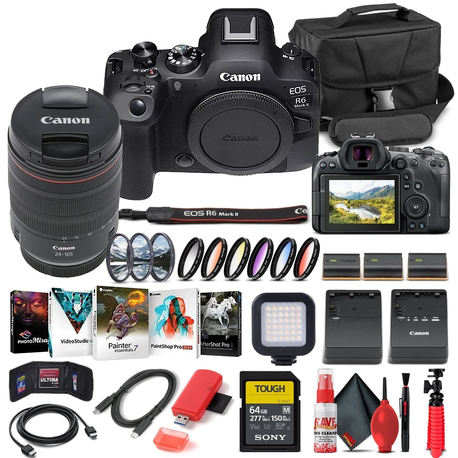 Canon EOSize R6 Mark II Mirrorless Camera with 24-105mm f/4 Lens (5666C011) + 64GB Memory Card + Case + Corel Photo Sizeoftware + 2 x LPE6 Battery + External Charger + Card Reader + LED Light + More