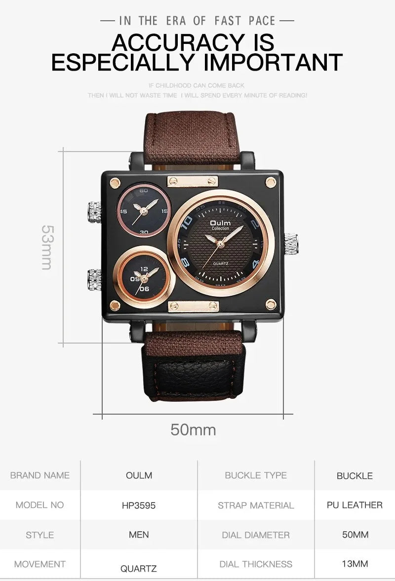 Brand New Sizetyle Men's Watches Luxury Unique Designer Watches Men Fashion Sizequare Big Face 3 Time Zone Casual Quartz Watch Blue