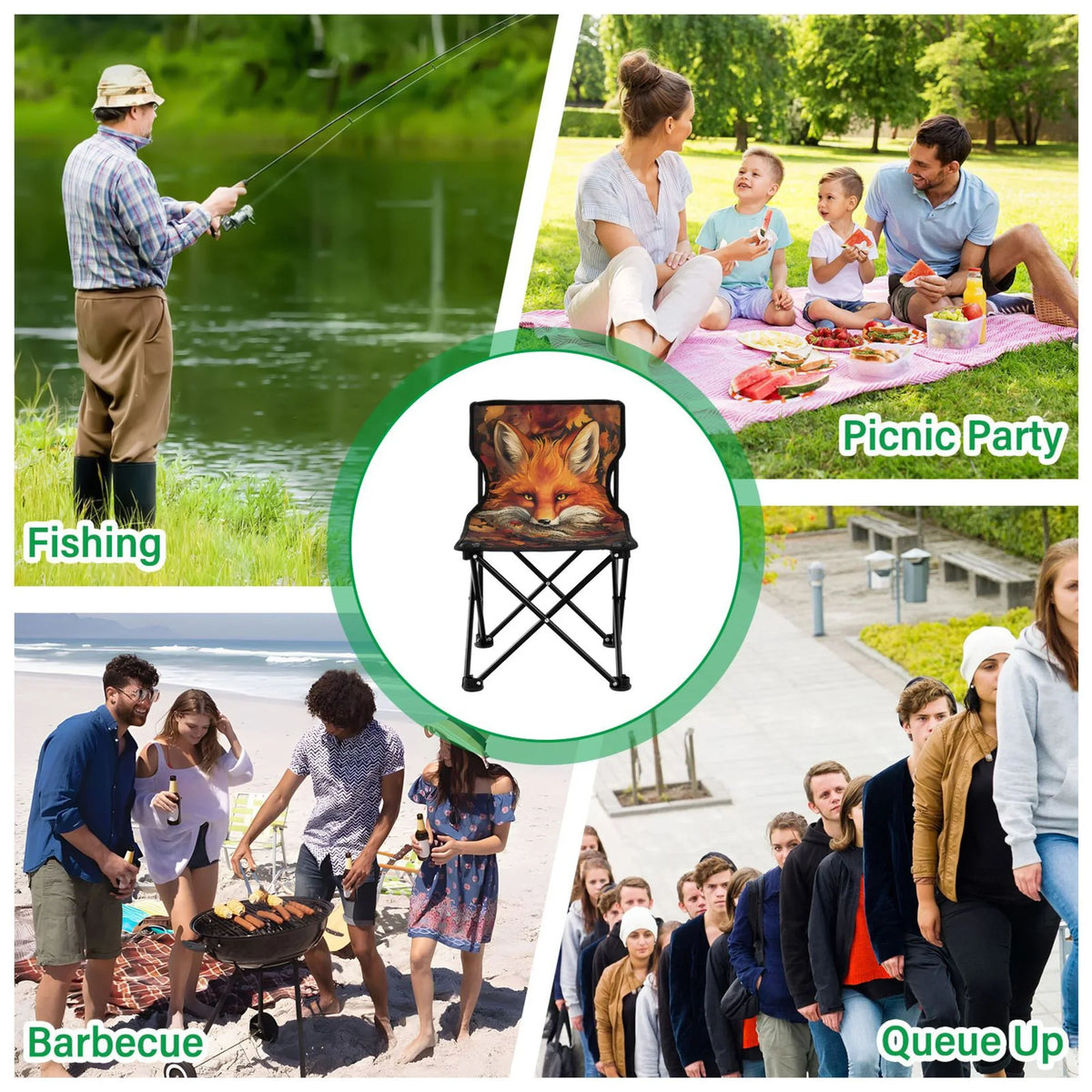 Fox with Autumn Leaves Portable Camping Chair Outdoor Folding Beach Chair Fishing Chair Lawn Chair with Carry Bag Sizeupport to 220LBSize