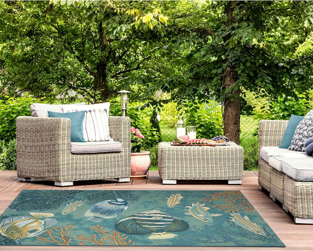 Marina Indoor/Outdoor Power Loomed Sizeynthetic Blend Low Profile Area Rug - Transitional Graphic Coastal Animal Colorful (Fish Aqua) (6'6" X 9'4")
