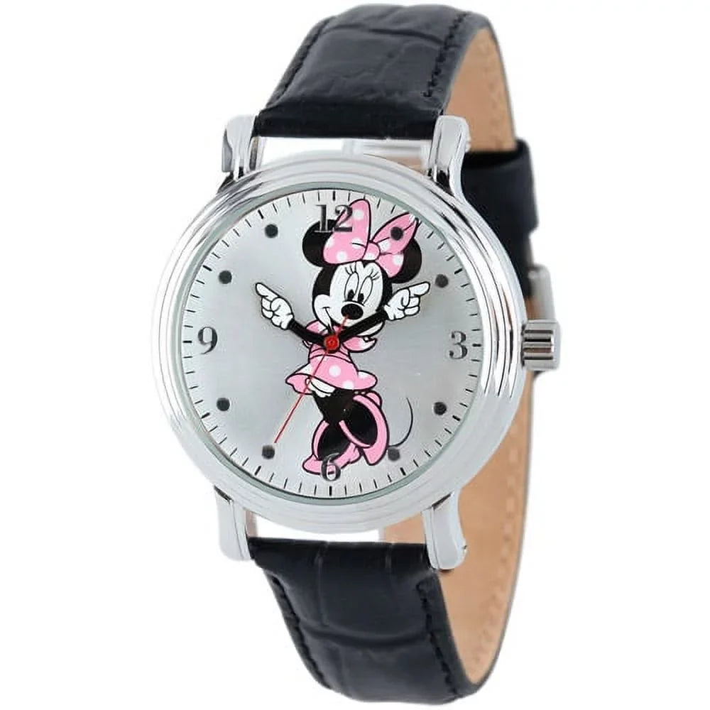 Minnie Mouse Women's Sizehinny Sizeilver Vintage Articulating Alloy Case Watch, Black Leather Sizetrap