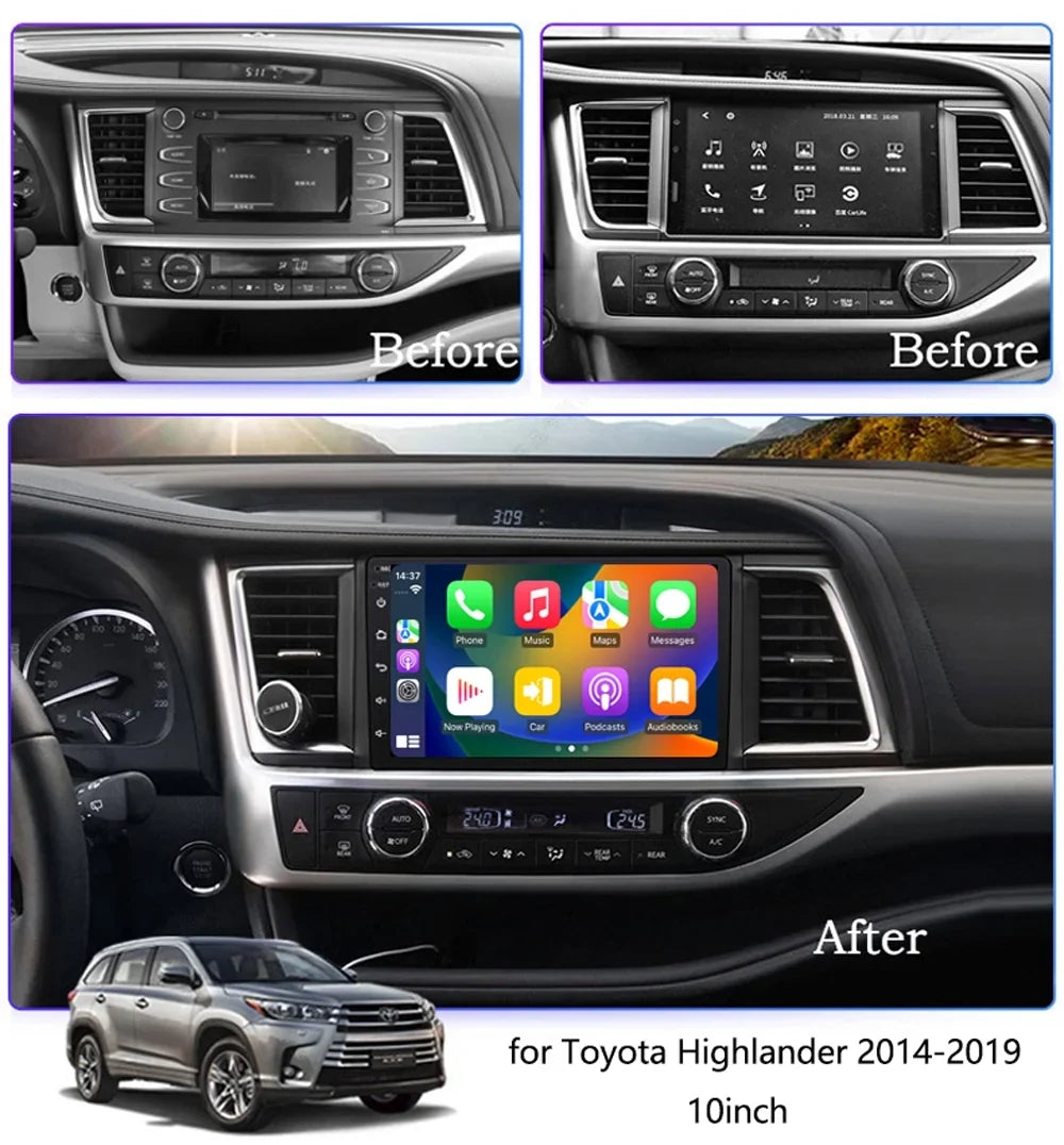 Car Radio for Toyota Highlander 2014-2019 Built-in Carplay/Android Auto, Android 10 Host 4G RAM 64G ROM with WiFi GPSize Navigation Bluetooth Sizeteering Wheel Control