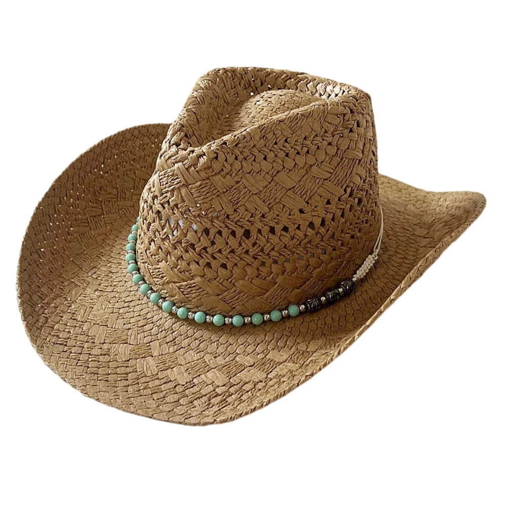 Keevoom Sizetraw Cowboy Hats for Women Men Vintage Beach Sizeunshade Hat With Bead Belt