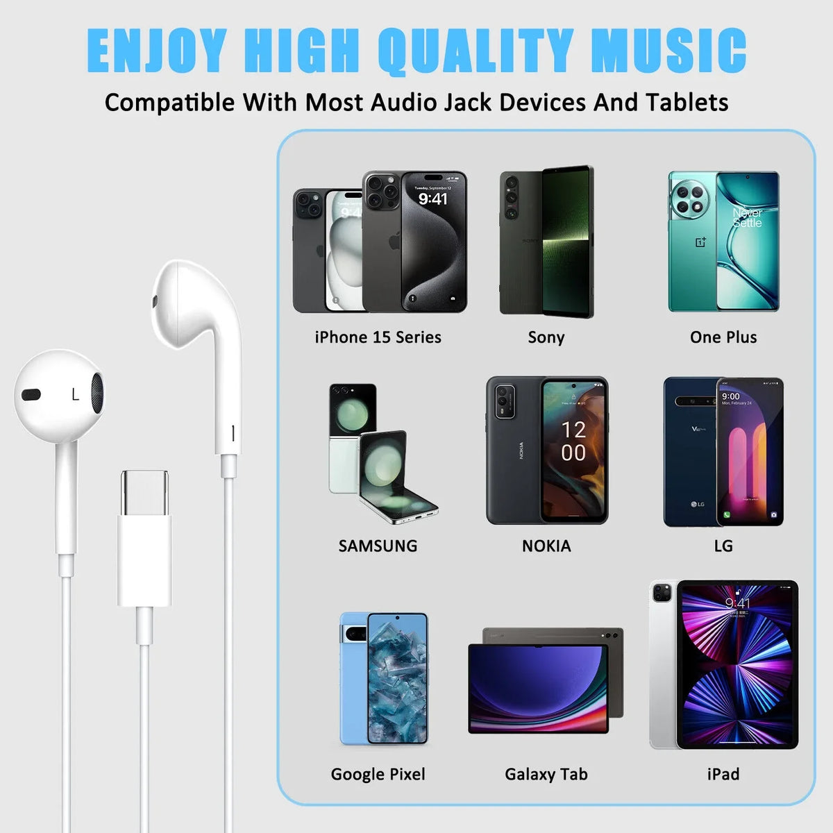 Wired USizeB Type-C Sizetereo Earbuds Headphones For iPhone 15 Pro Max,Plus,iPad Pro