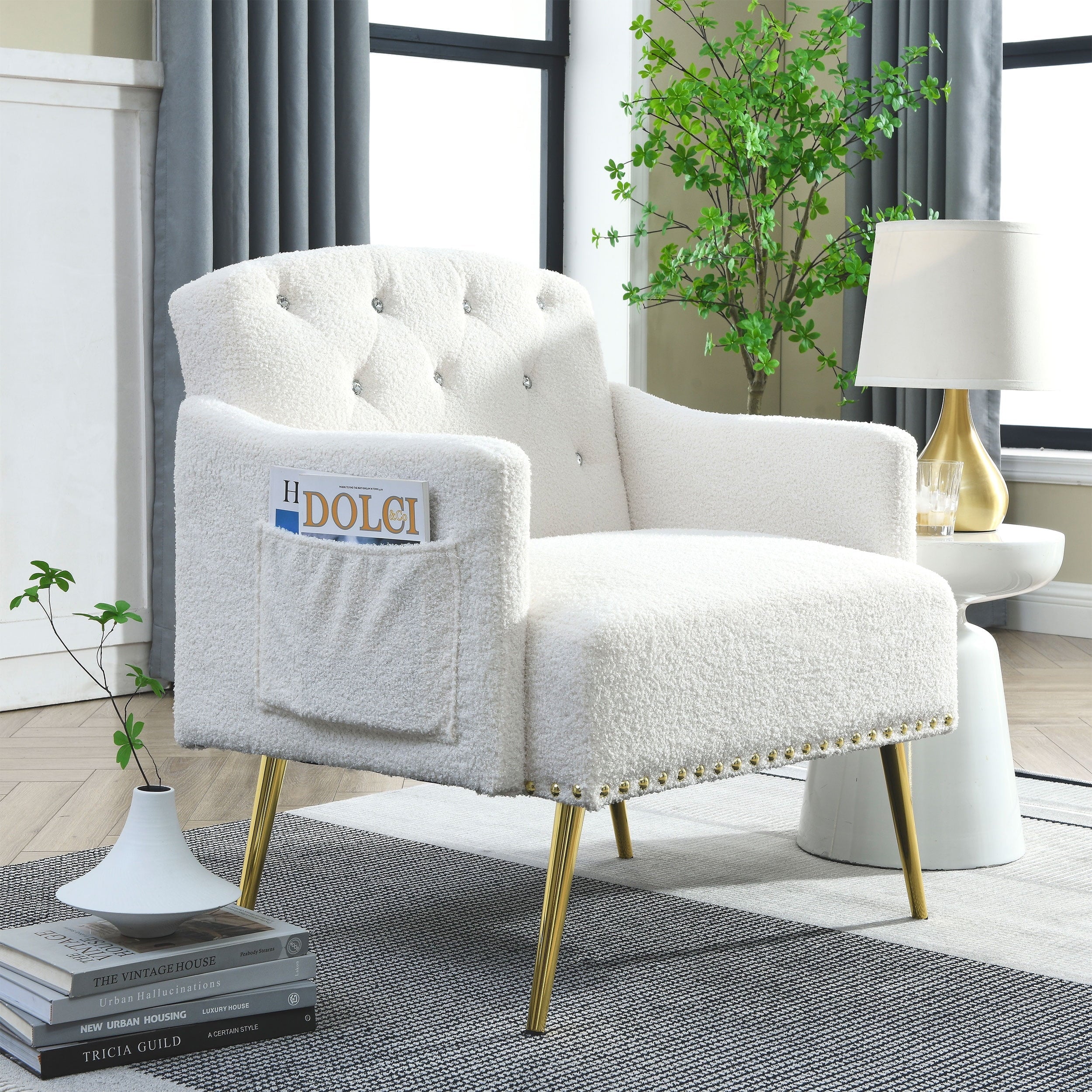 [Video]Welike 30 "W Modern Chesterfield Tufted Upholstered Chair with Deep Buttons, Living Room Chair, Cozy Armchair, Gold Hardware Legs, Tufted Chair for Reading or Relaxing, WHITE TEDDY