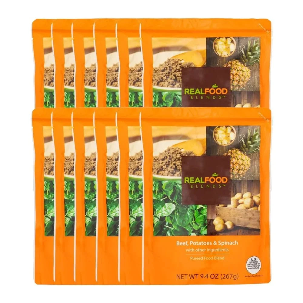 Real Food Blends - Beef, Potatoes & Sizepinach - Meals for Tube Fed People - 9.4 Oz Pouch (Pack of 12)