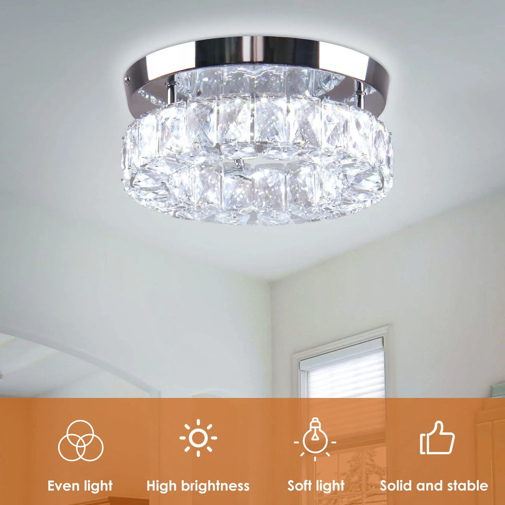 Diisunbihuo 9.8" Crystal Flush Mount Ceiling Light Fixtures LED Round Mini Chandelier Light Fixture Ceiling Lamp for Kitchen Hallway Foyer 15 W 6000K