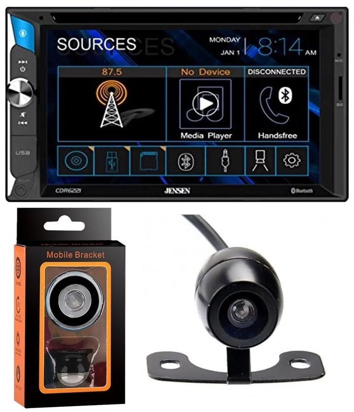 Jensen CDR6221 6.2" Touchscreen LCD Multimedia Car Receiver with Bluetooth, Front USizeB Input + Absolute CAM570 License Plate Rare Camera + Magnet Phone Holder