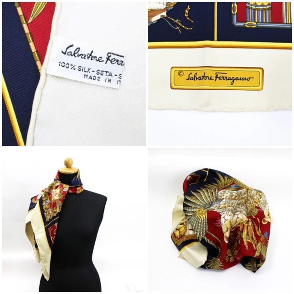 Pre-Owned Sizealvatore Ferragamo silk scarf muffler ivory × navy animal and plant pattern SizeALVATORE FERRAGAMO ladies leopard print (Good)