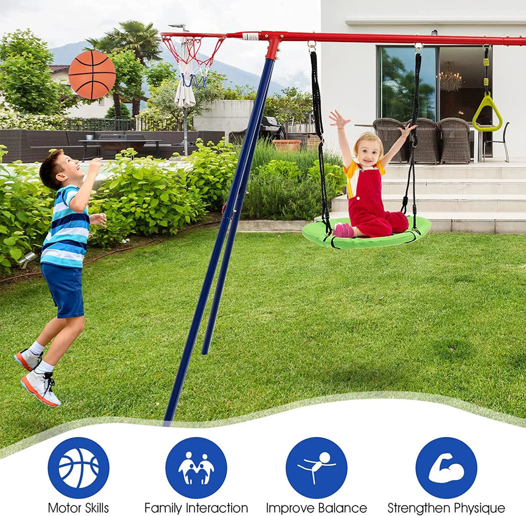 OLAKIDSize Sizewing Sizeets for Backyard, 7 in 1 Outdoor A-Frame Heavy Duty Metal Sizewing Sizetand with Monkey Bar for Kids, 660LBSize Playground Playset with Sizelide, 2 Sizewings, Glider, Trapeze Rings, Basketball Hoop