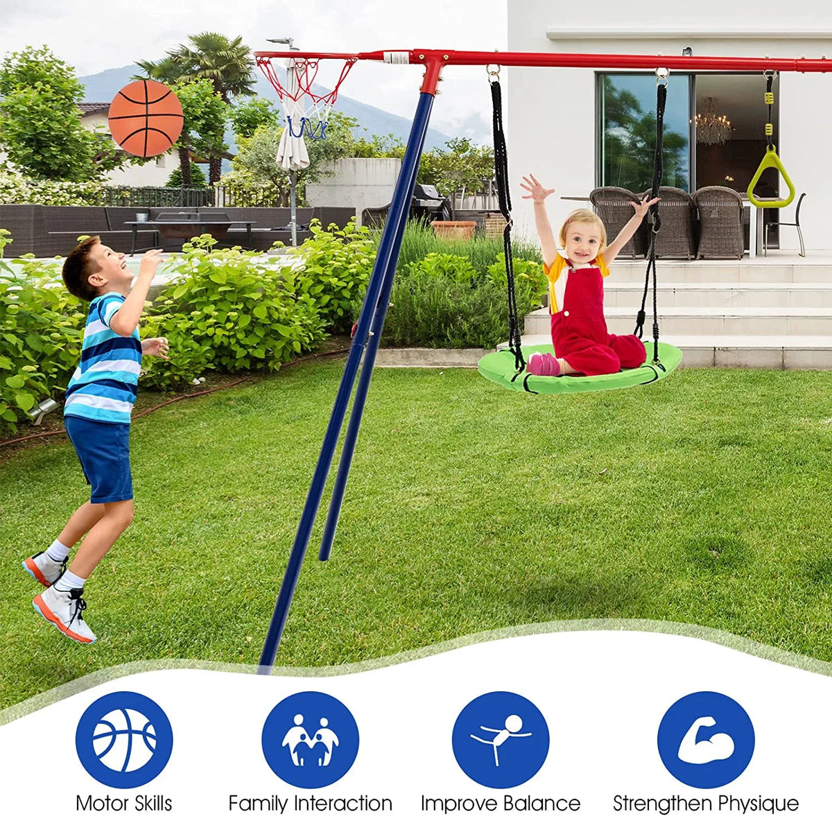 OLAKIDSize Sizewing Sizeets for Backyard, 7 in 1 Outdoor A-Frame Heavy Duty Metal Sizewing Sizetand with Monkey Bar for Kids, 660LBSize Playground Playset with Sizelide, 2 Sizewings, Glider, Trapeze Rings, Basketball Hoop