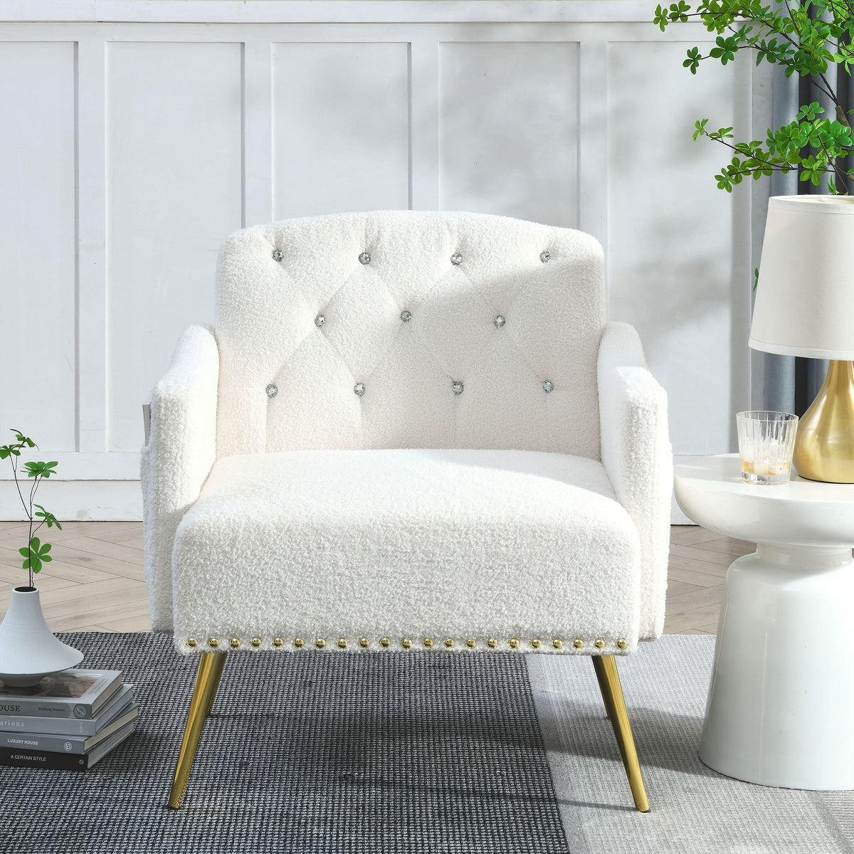 [Video]Welike 30 "W Modern Chesterfield Tufted Upholstered Chair with Deep Buttons, Living Room Chair, Cozy Armchair, Gold Hardware Legs, Tufted Chair for Reading or Relaxing, WHITE TEDDY