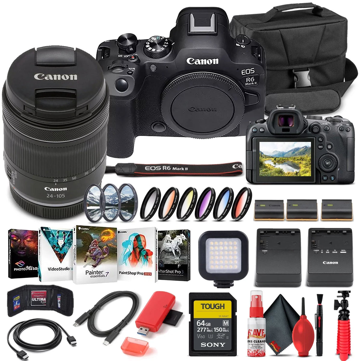 Canon EOSize R6 Mark II Mirrorless Camera with 24-105mm f/4-7.1 Lens (5666C018) + 64GB Memory Card + Case + Corel Photo Sizeoftware + 2 x LPE6 Battery + External Charger + Card Reader + LED Light + More