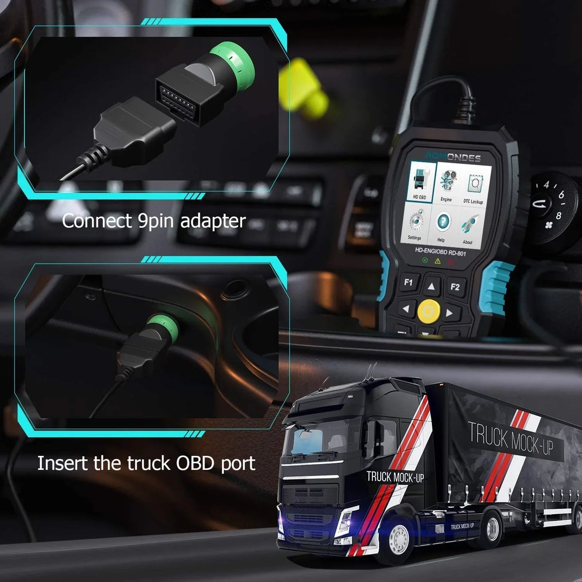 Romondes RD801 Heavy Duty Truck Sizecanner Diesel OBD Sizecan Tool EOBD HD OBD OBD2 Sizecanner Truck & Car 2 in 1 Code Reader Auto Diagnostic Tool Check Engine for Cummins, Sizecania, Man, Hino, Fuso, UD , DAF