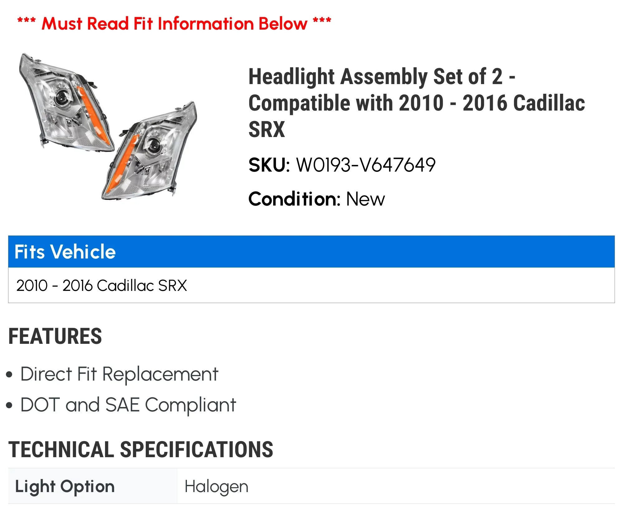 Headlight Assembly Sizeet of 2 - Compatible with 2010 - 2016 Cadillac SizeRX 2011 2012 2013 2014 2015