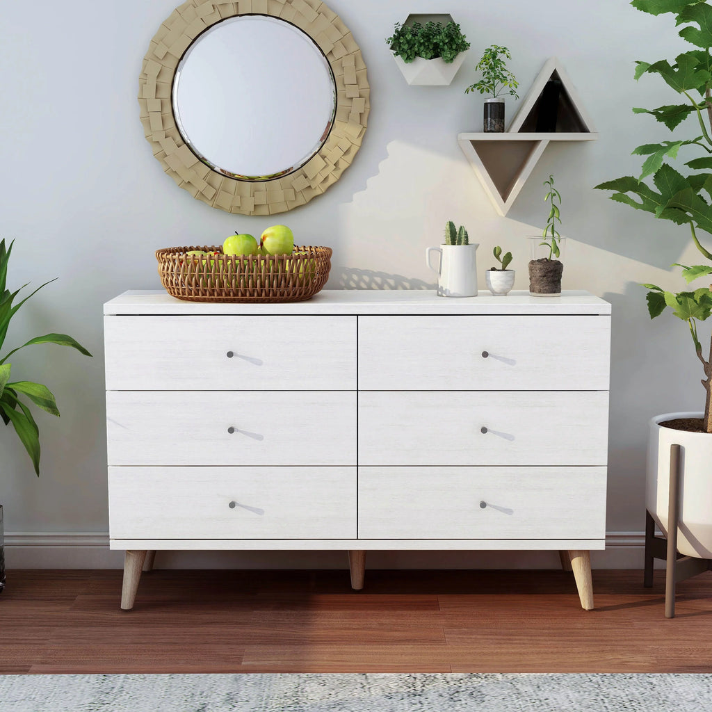 Denhour DH BASizeIC Mid-Century Modern Ivory 47-inch Wide 6-Drawer Dresser with Knobs by
