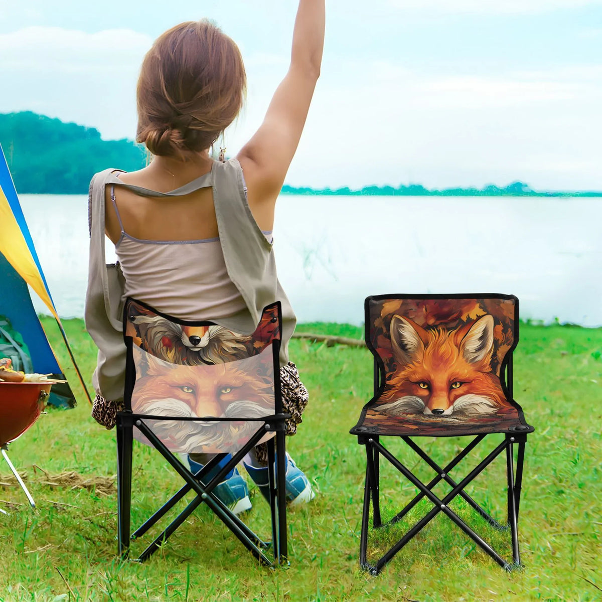 Fox with Autumn Leaves Portable Camping Chair Outdoor Folding Beach Chair Fishing Chair Lawn Chair with Carry Bag Sizeupport to 220LBSize