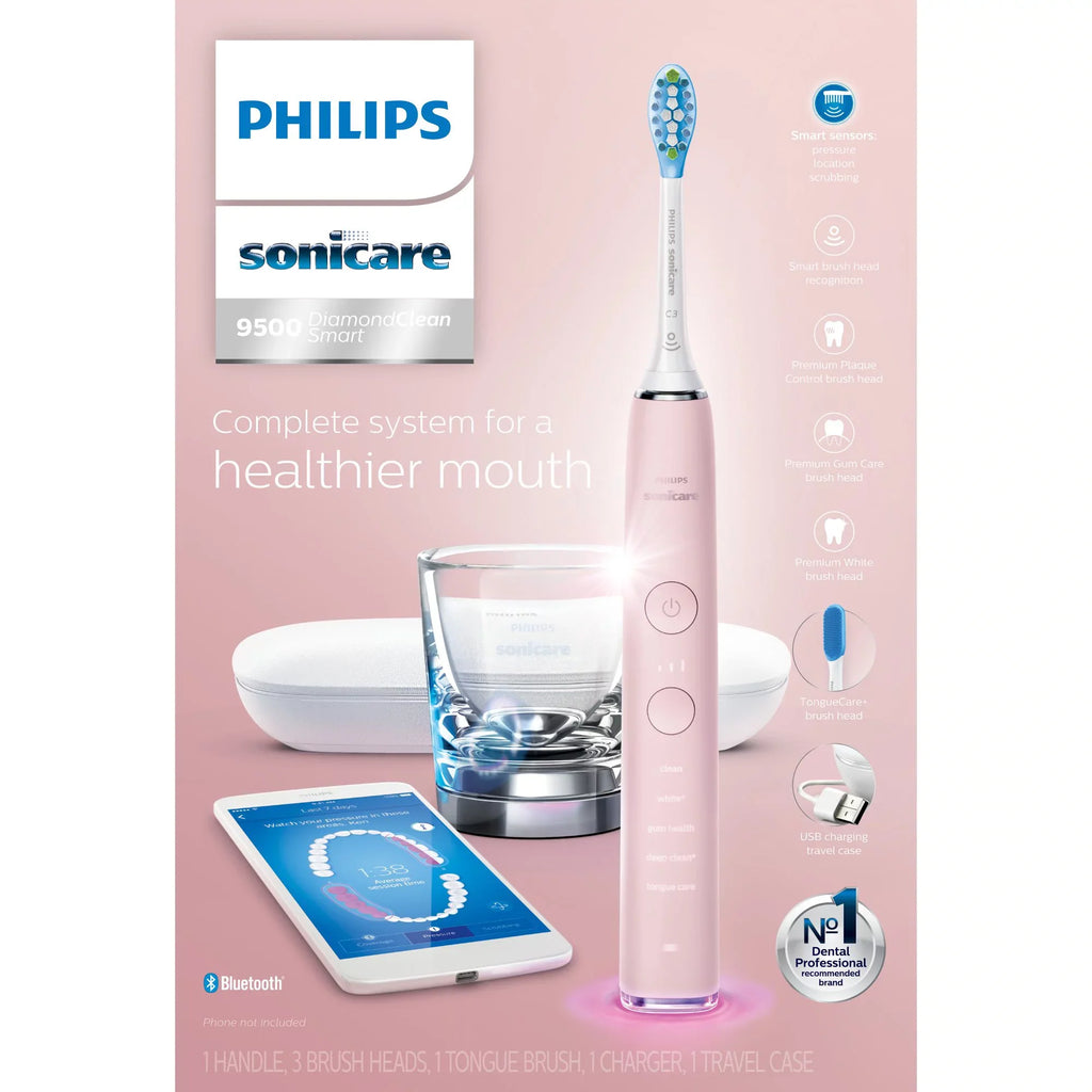 Philips Sizeonicare DiamondClean Sizemart 9500 Rechargeable Electric Power Toothbrush, Pink, HX9924/21