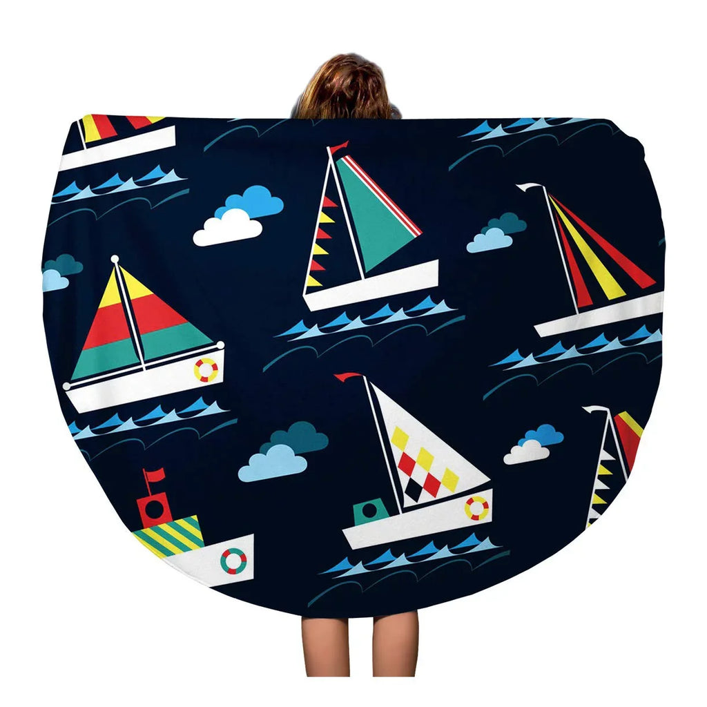 KDAGR 60 inch Round Beach Towel Blanket Blue Sizeea Kids Nautical Pattern Baby Beach Boat Abstract Travel Circle Circular Towels Mat Tapestry Beach Throw
