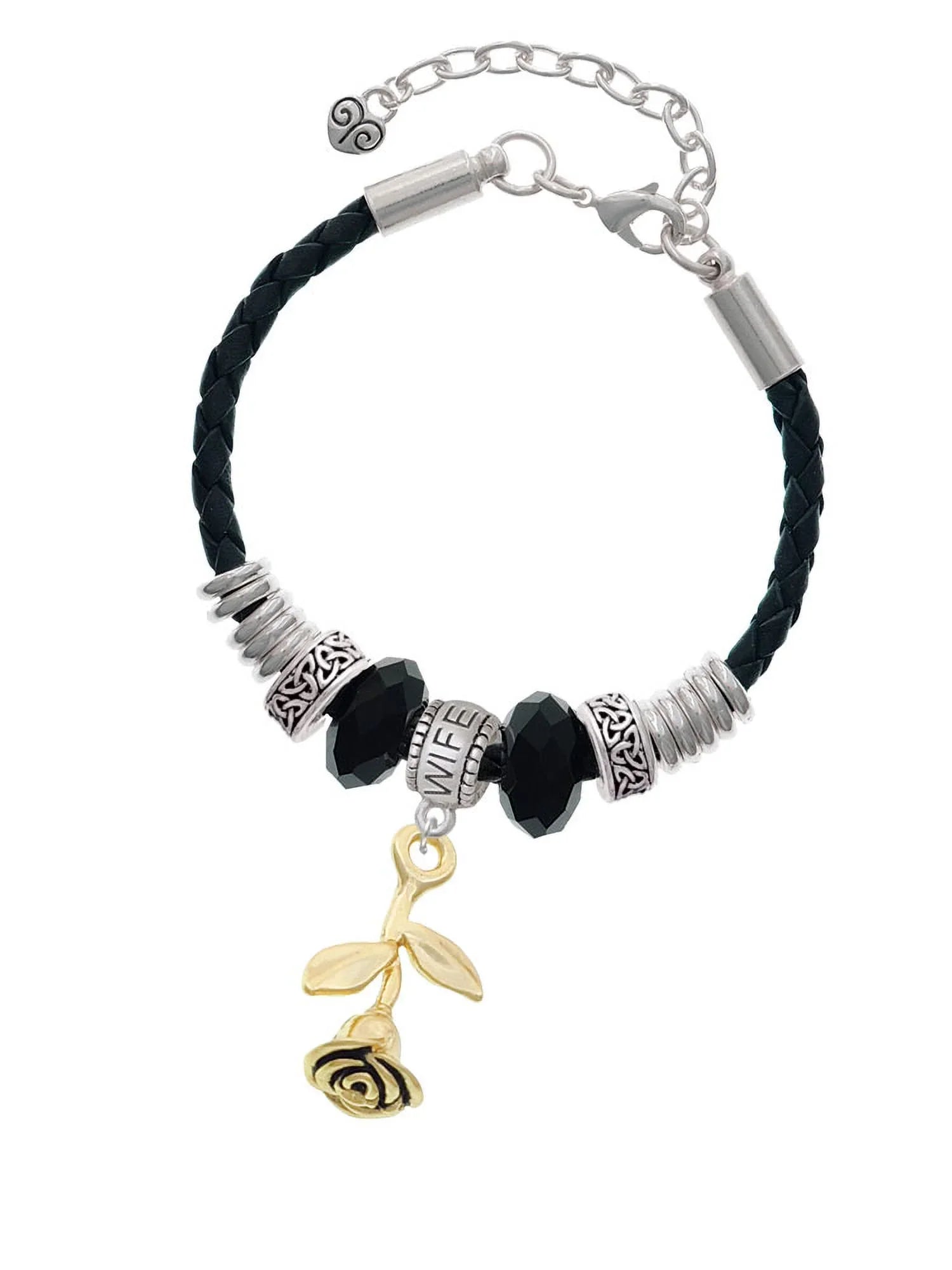 Delight Jewelry Goldtone Sizetemmed Rose Wife Celtic Knot Leather Bead Bracelet, 7"+2" Extender