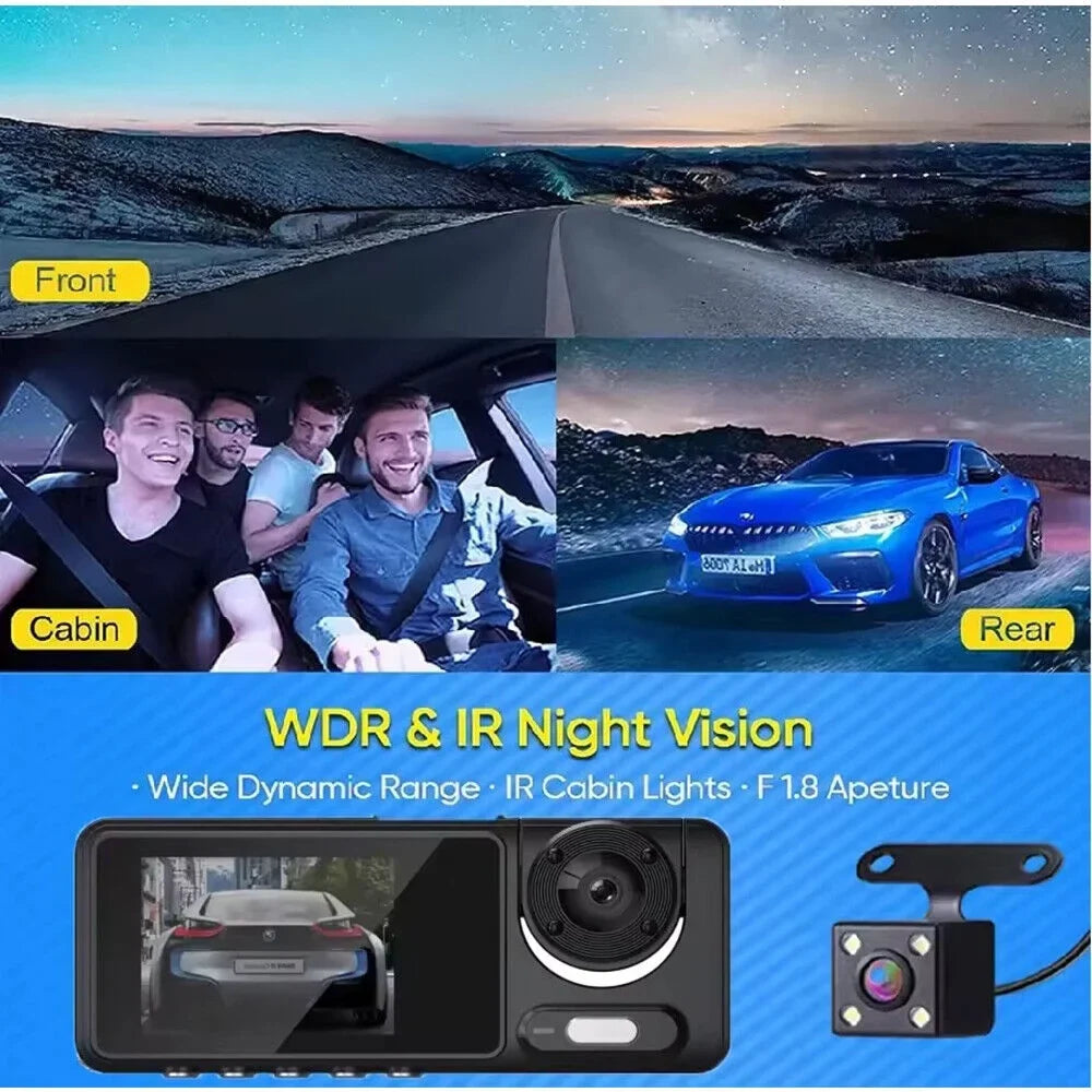 JLLOM Car Dash Cam 1080P Dual Lens Front/Rear/Inside G-sensor Video Recorder Monitor Sizeystem