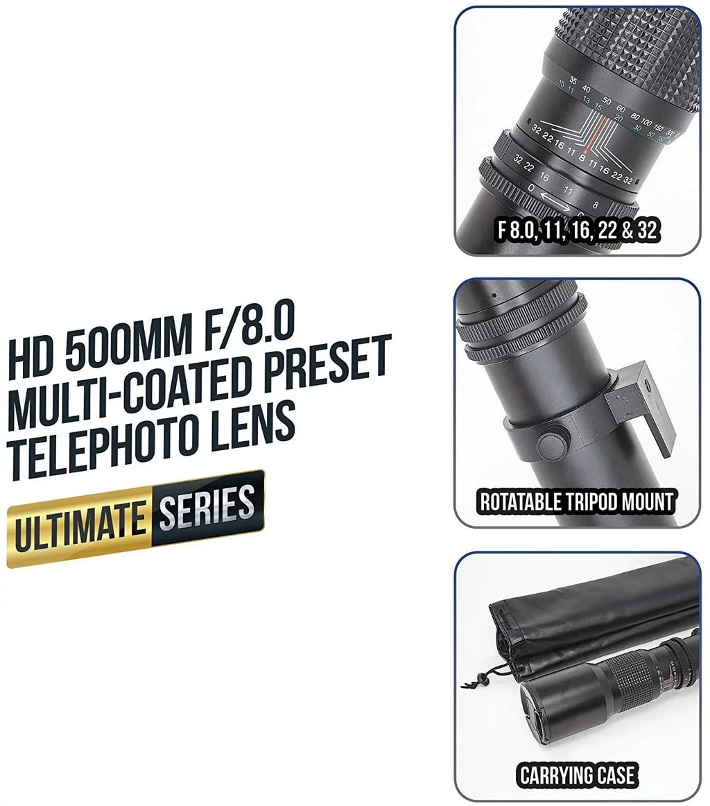 Ultimaxx 500mm/1000mm f/8 Multi-Coated Preset Telephoto Lens Includes Ultimaxx 2.0X Tele-Converter + T-Mount Adapter for Canon EF Mount & Microfiber Cleaning Cloth - Compatible with SizeLR/DSizeLR Cameras