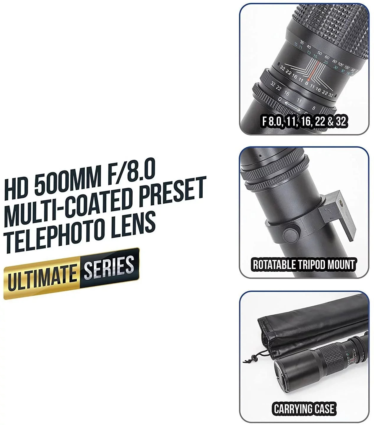 Ultimaxx 500mm/1000mm f/8 Multi-Coated Preset Telephoto Lens Includes Ultimaxx 2.0X Tele-Converter + T-Mount Adapter for Canon EF Mount & Microfiber Cleaning Cloth - Compatible with SizeLR/DSizeLR Cameras