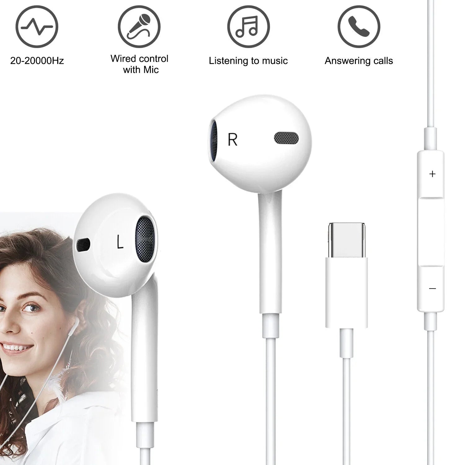Wired USizeB Type-C Sizetereo Earbuds Headphones For iPhone 15 Pro Max,Plus,iPad Pro