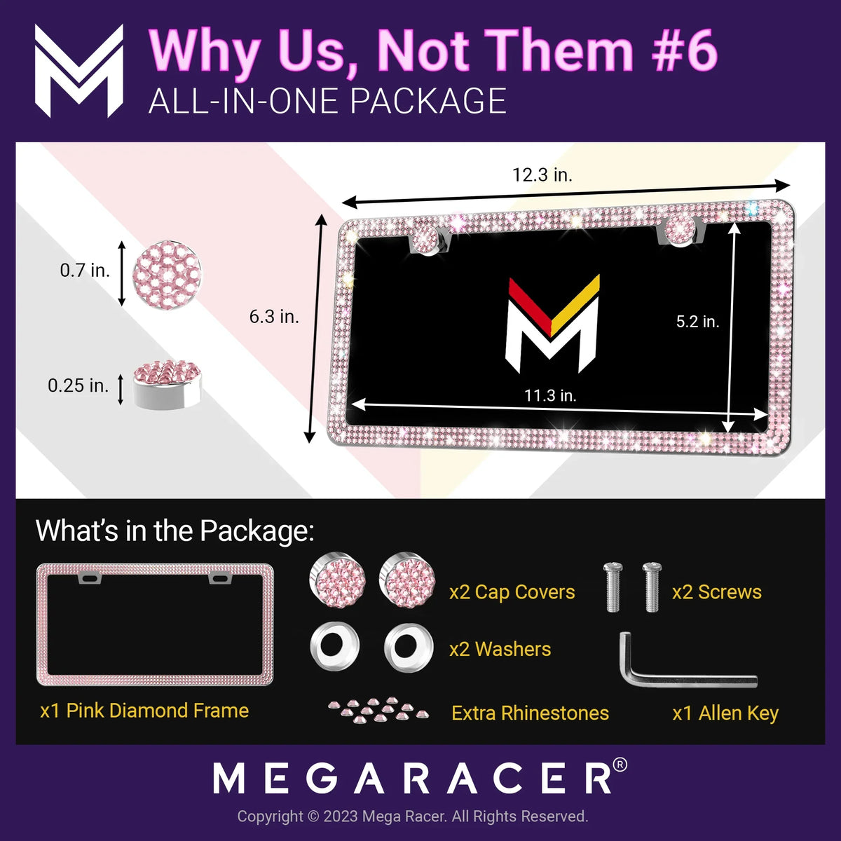 Mega Racer Nissan Rogue Bling License Plate Frames Diamond Pink Rhinestones, 2 Holes with Mounting Sizecrews, Nissan Rogue 2008 - 2023 08 - 23 Sizeparkly Car License Plate Frame