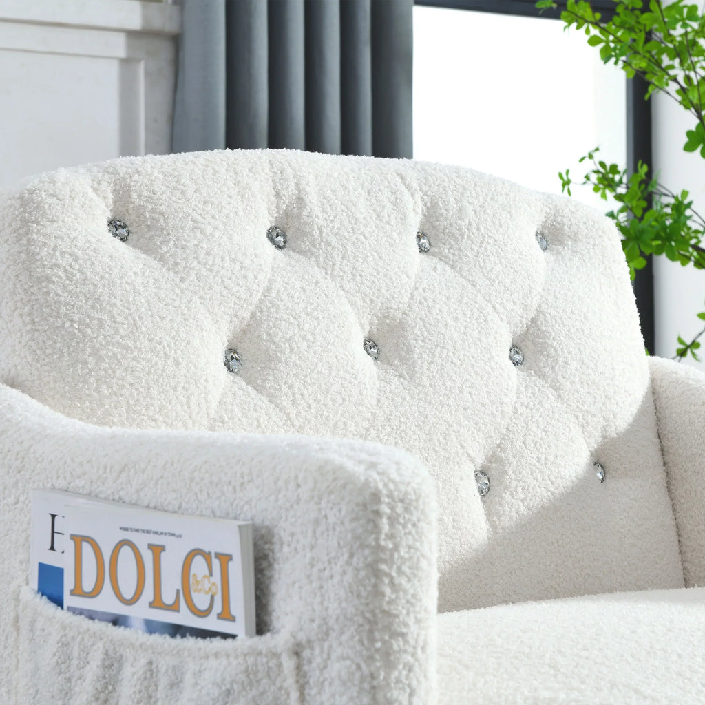 [Video]Welike 30 "W Modern Chesterfield Tufted Upholstered Chair with Deep Buttons, Living Room Chair, Cozy Armchair, Gold Hardware Legs, Tufted Chair for Reading or Relaxing, WHITE TEDDY