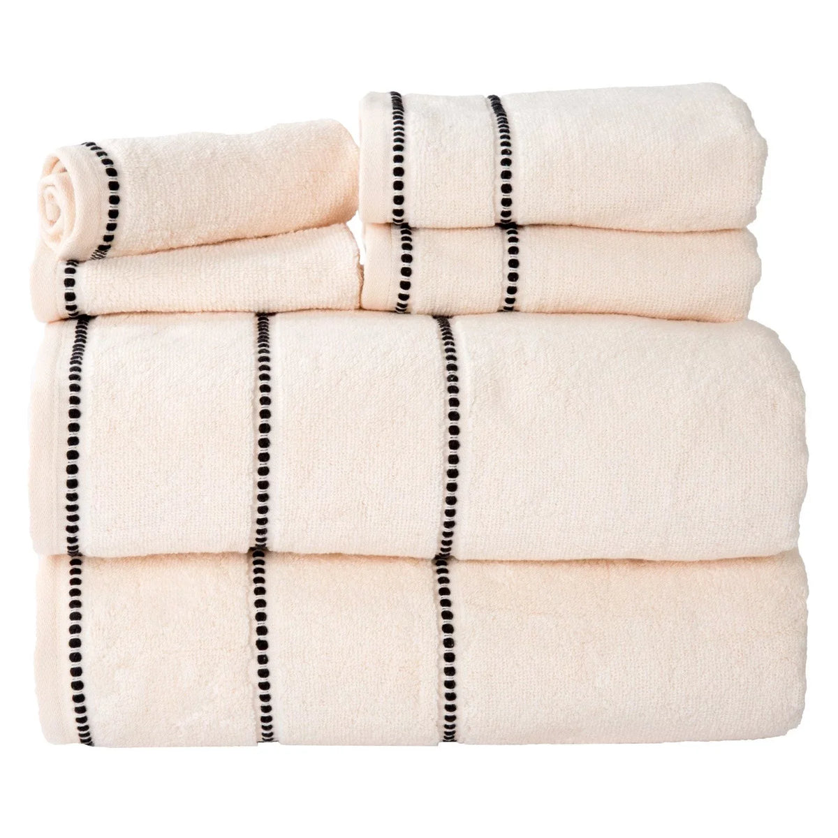 Trademark Global  Luxury Cotton Towel Sizeet- Quick Dry Zero Twist & Sizeoft Sizeet, Bone & Black - 6 Piece