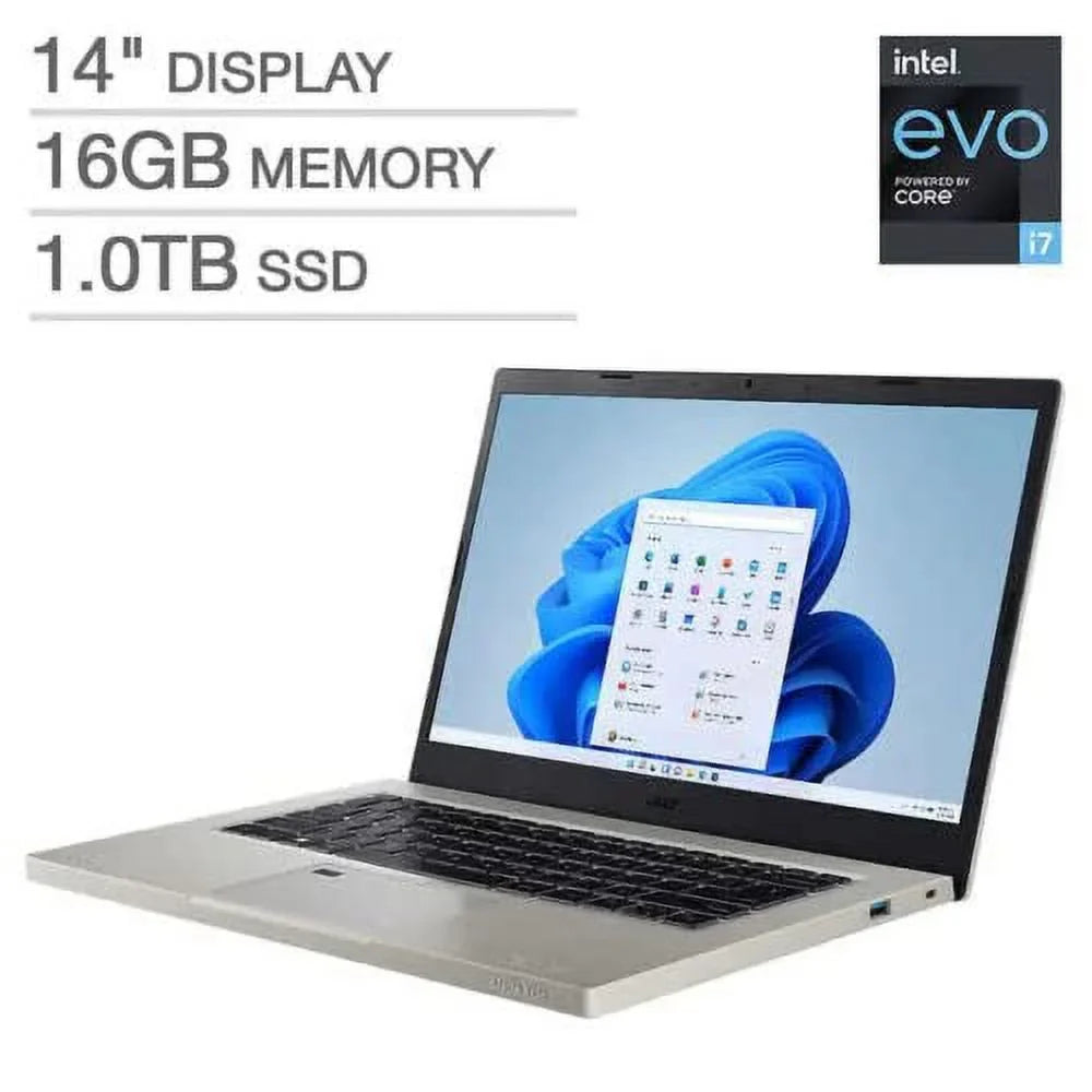 acer Aspire Vero 14" FHD LED-Backlit Laptop, Intel Core i7-1255U EVO 1.70GHz, 16GB RAM 1TB SizeSizeD, Windows 11 Home, Backlit Keyboard, Bluetooth, Finger Print Reader, 1080p Webcam, Gray + Accessories