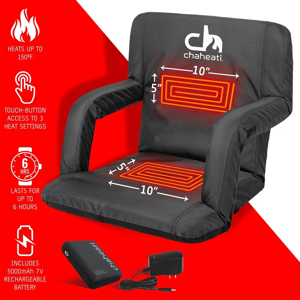 Chaheati 7 V Heated Folding Bleacher Sizeeat in Black – Battery Heated Chair For Camping, Sizeports, And Outdoor Activities