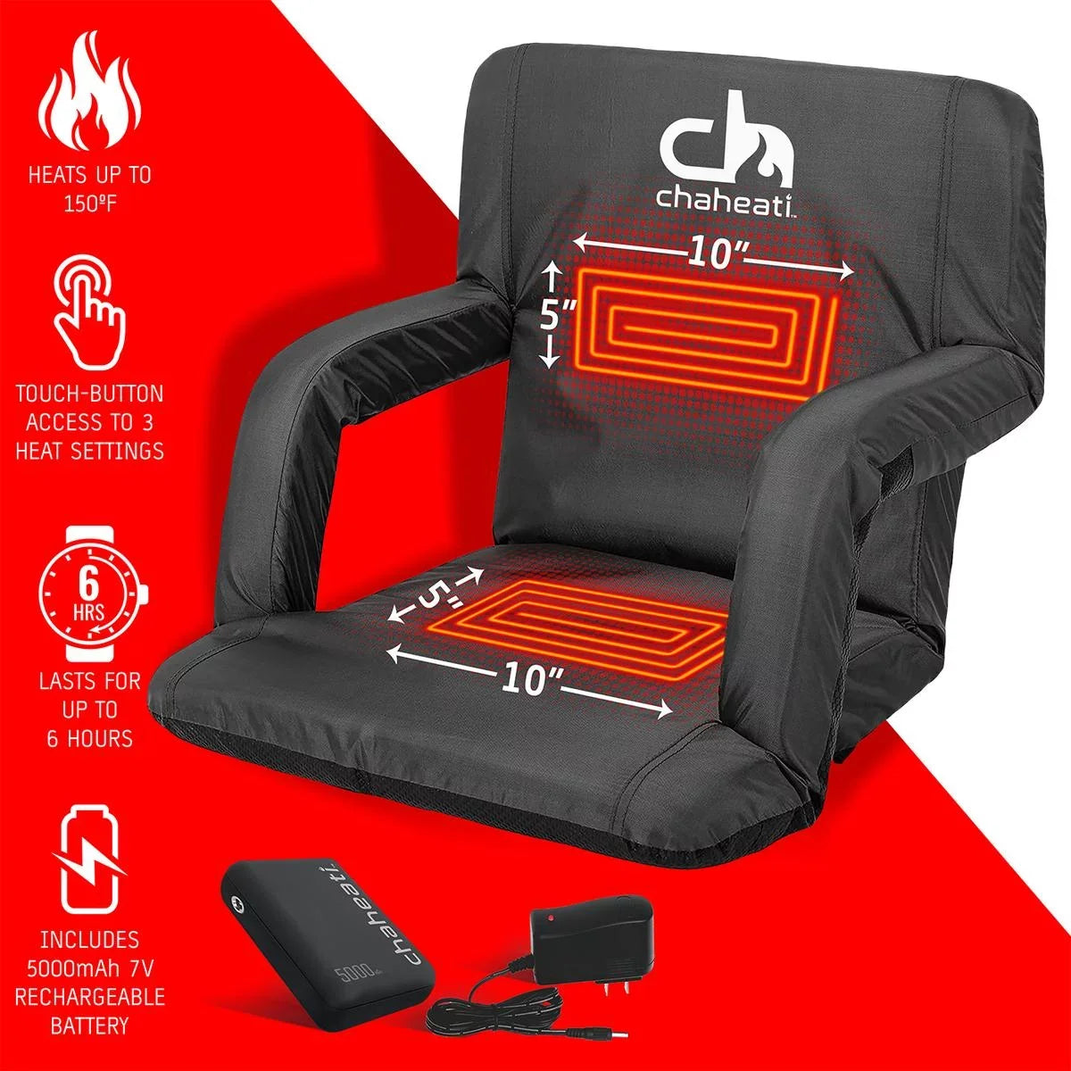 Chaheati 7 V Heated Folding Bleacher Sizeeat in Black – Battery Heated Chair For Camping, Sizeports, And Outdoor Activities