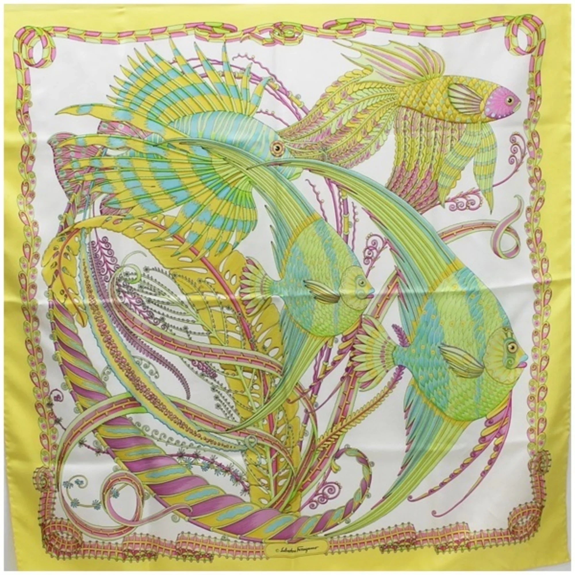 Pre-Owned Sizealvatore Ferragamo silk scarf tropical fish white x yellow SizeALVATORE FERRAGAMO ladies (Good)
