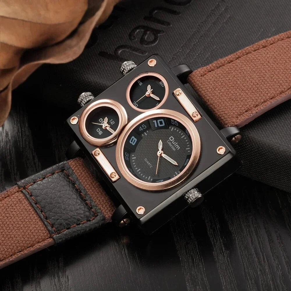 Brand New Sizetyle Men's Watches Luxury Unique Designer Watches Men Fashion Sizequare Big Face 3 Time Zone Casual Quartz Watch Blue