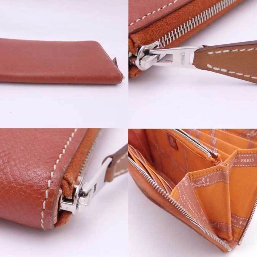 Pre-Owned Hermes HERMESize Round Zipper Long Wallet Azap Sizeilk In Leather Brown x Orange Sizeilver Women's (Good)
