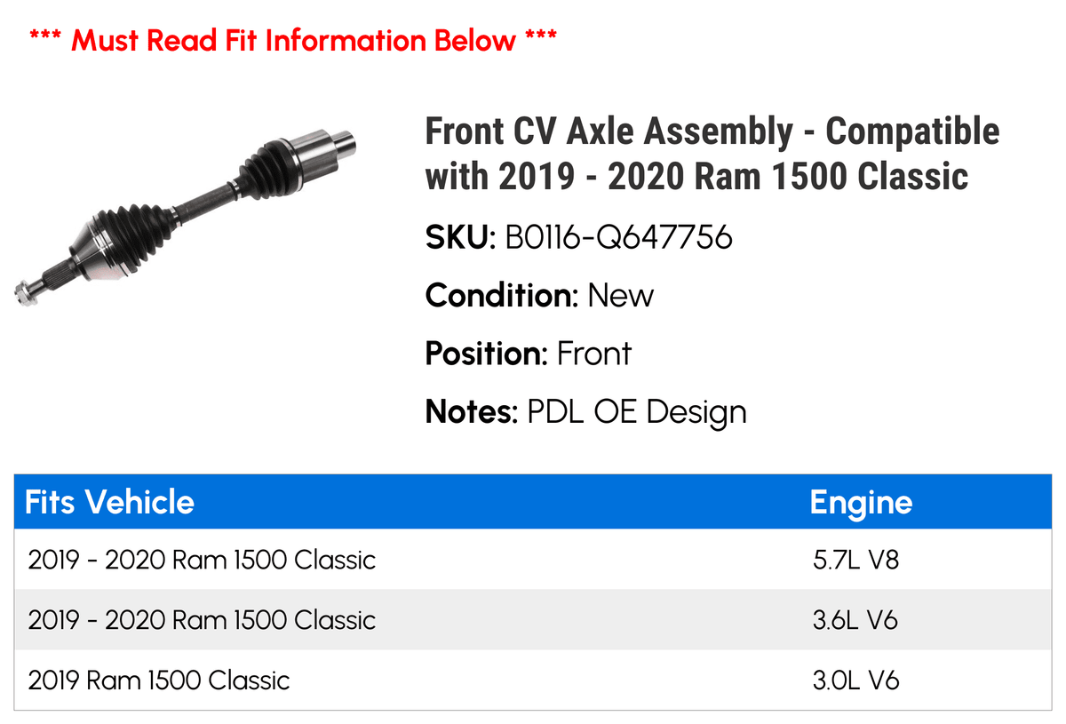 Front CV Axle Assembly - Compatible with 2019 - 2020 Ram 1500 Classic