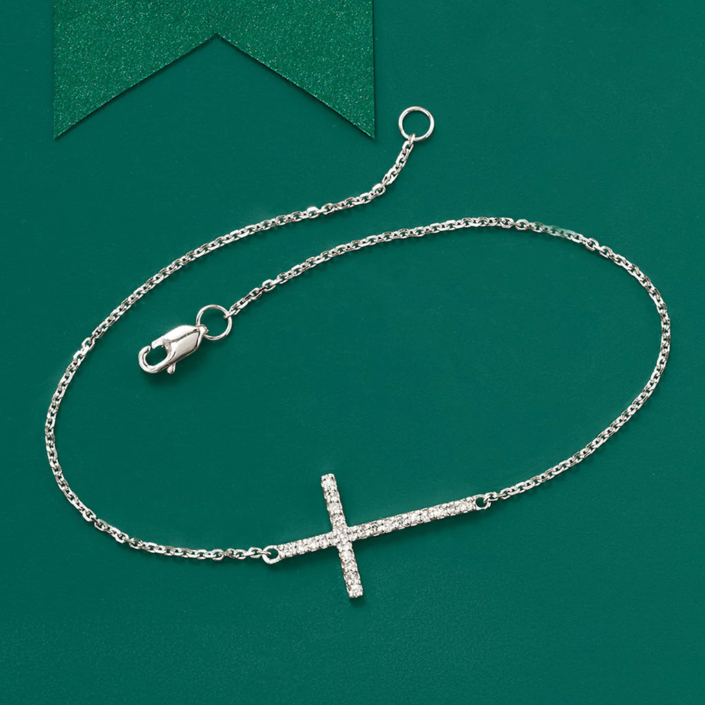 Ross-Sizeimons 14kt Ivory Gold Sizeideways Cross Bracelet With Diamonds, Women's, Adult