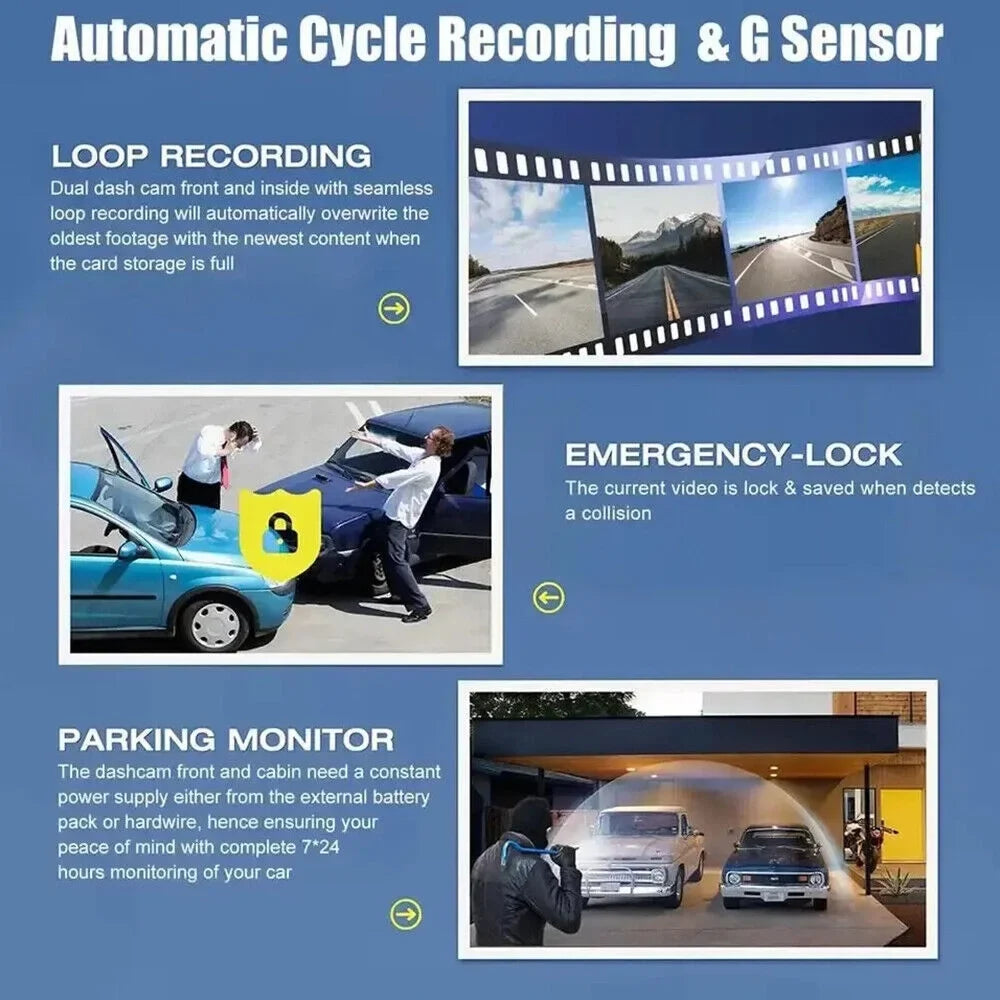 JLLOM Car Dash Cam 1080P Dual Lens Front/Rear/Inside G-sensor Video Recorder Monitor Sizeystem