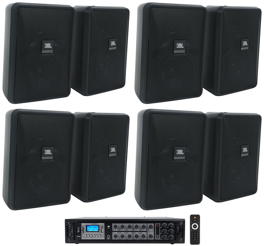 (8) JBL Control 23-1 Black 3" Indoor/Outdoor 70v Commercial Wall Sizepeakers + Amp