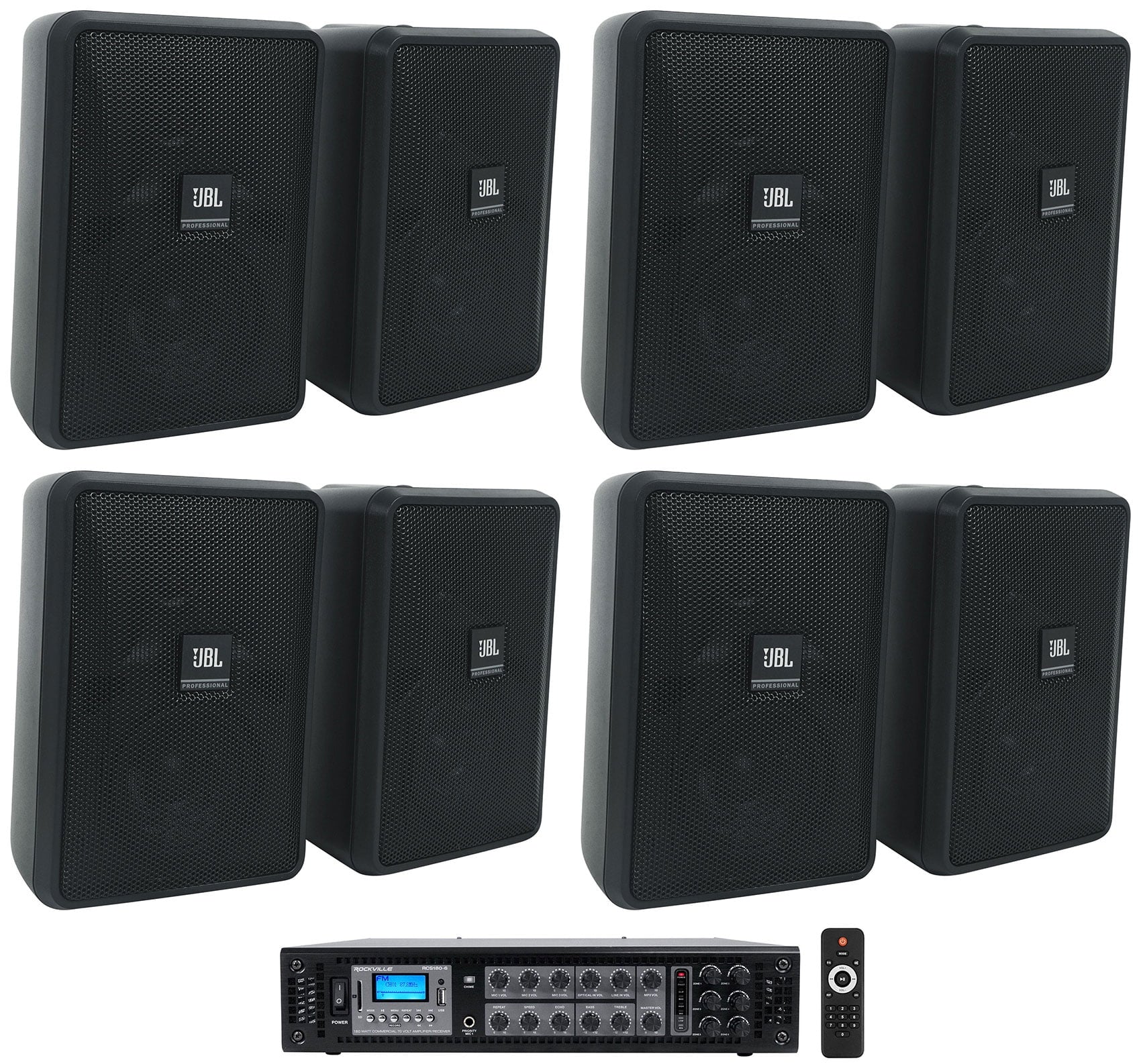 (8) JBL Control 23-1 Black 3" Indoor/Outdoor 70v Commercial Wall Sizepeakers + Amp