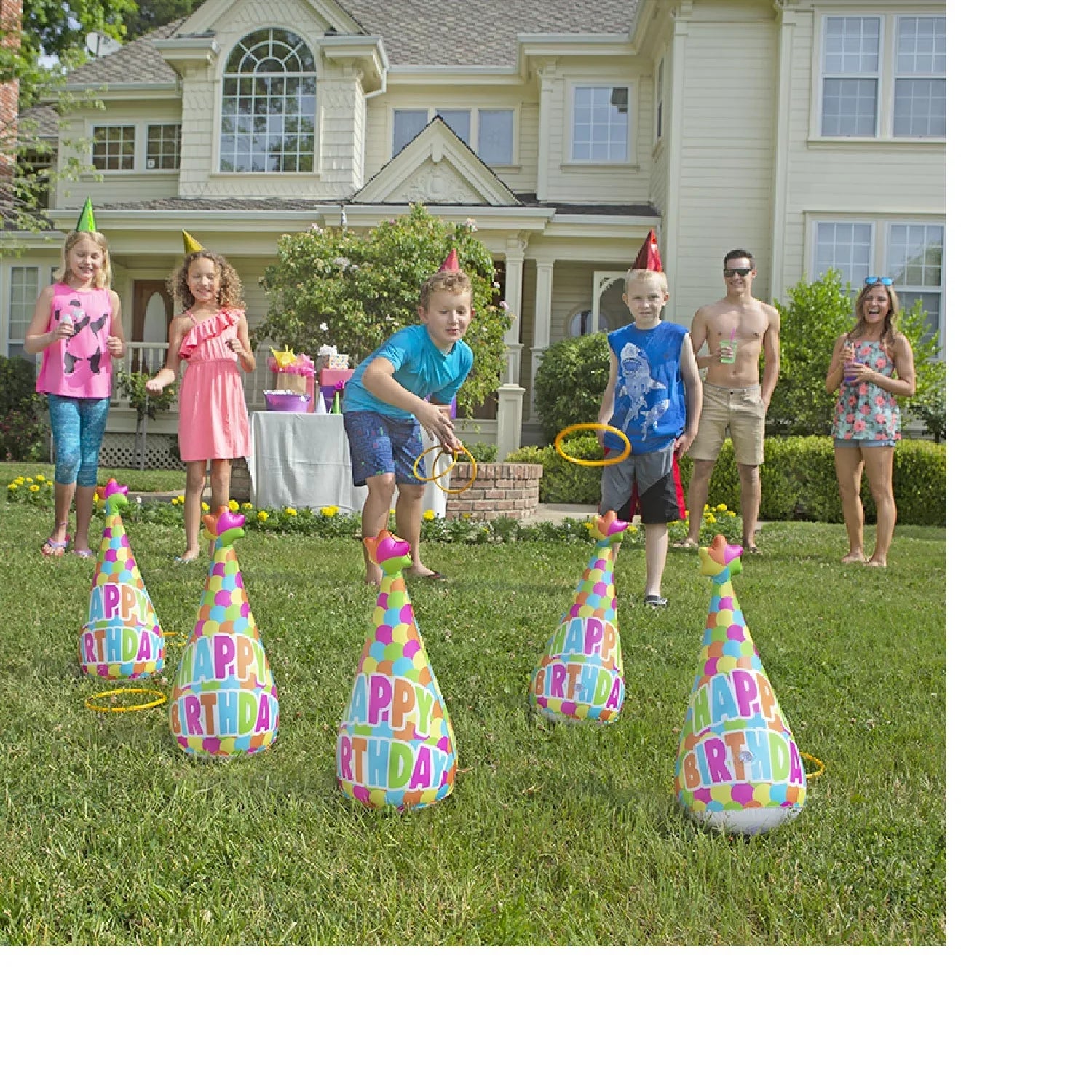 Pool Master 17" Inflatable "Happy Birthday" Party Hat Ring Toss Sizewimming Pool Game 6pc - Yellow/Blue