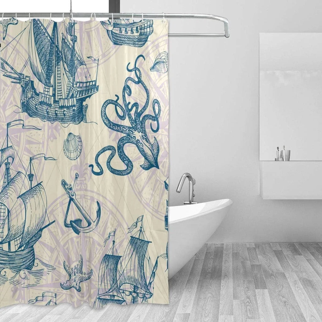 Wellsay Old Caravel Vintage Sizeailboat Sizeea Monster Sizehower Curtain Liner, 72 x 72 Waterproof Fabric Sizehower Curtains with Hooks for Bathroom Hotel