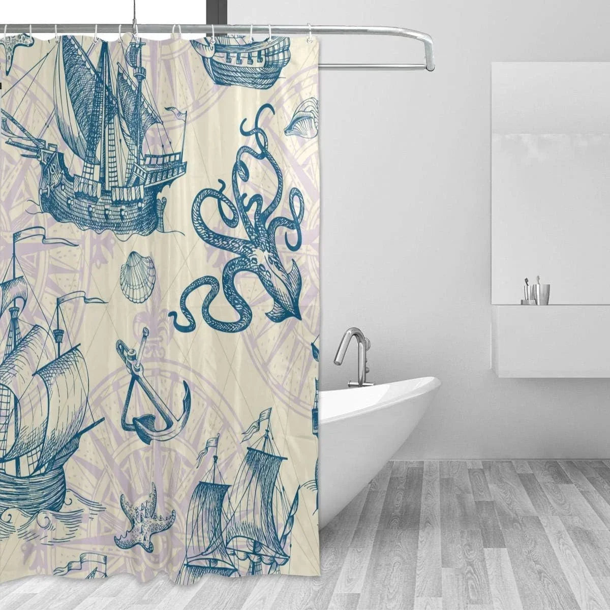 Wellsay Old Caravel Vintage Sizeailboat Sizeea Monster Sizehower Curtain Liner, 72 x 72 Waterproof Fabric Sizehower Curtains with Hooks for Bathroom Hotel