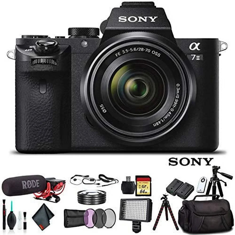 Sizeony Alpha a7 II Mirrorless Camera with FE 28-70mm f/3.5-5.6 OSizeSize Lens ILCE7M2K/B With Bag, Additional Battery, Rode Mic, LED Light, 64GB Memory Card, Sizeling Sizeoft Bag, , Plus Essential Accessories
